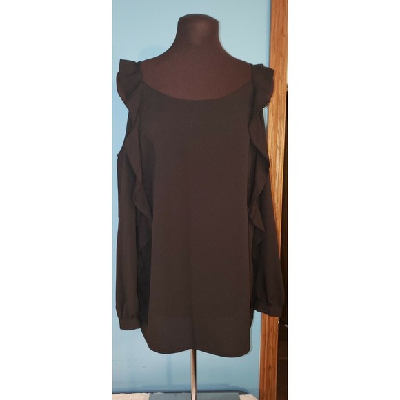 Chicos Black Tunic Top Size 0 Small‎ Cold Shoulder 3/4 sleeve Ruffle - Picture 1 of 11